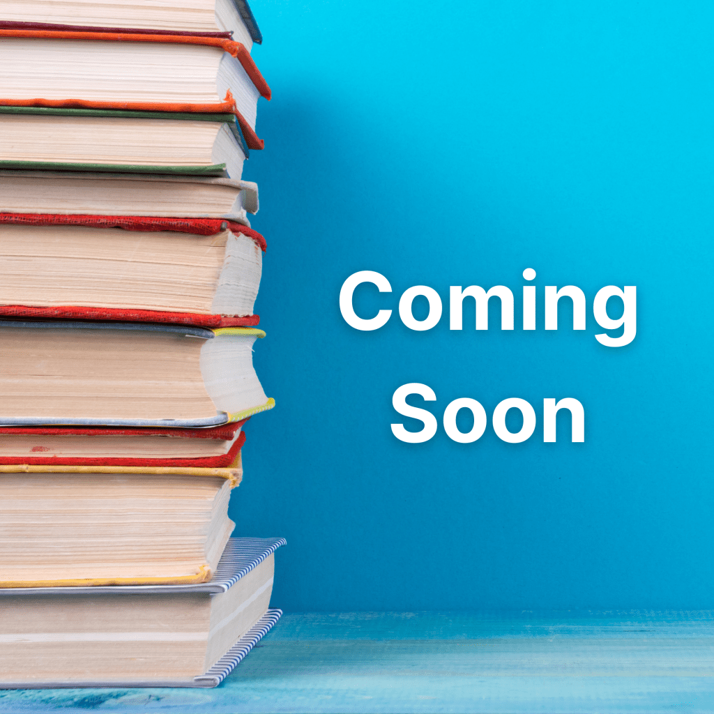A stack of colourful books against a blue background. The words Coming Soon layered on top