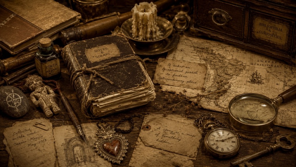 A curiosity-shop tabletop with old books, maps, handwritten notes, a candle, keys and folk-art objects.